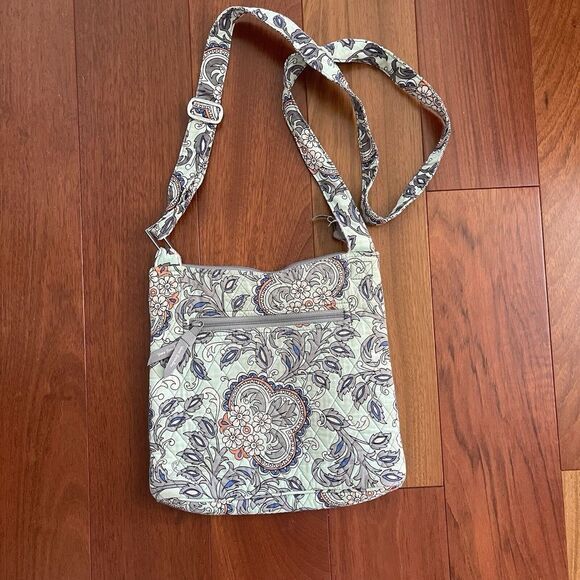 Vera‎ Bradley Crossbody Purse Fan Flowers Floral Blue Teal Grey - Picture 1 of 8